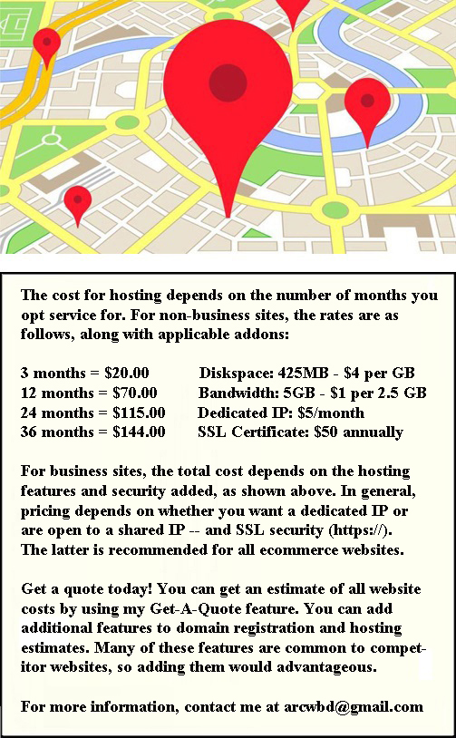 The cost for hosting depends on the number of months you follows, along with applicable addons: 3 months = $19.20 Diskspace: 400MB - $2 per GB, 12 months = $67.25, 24 months = $115.25, 36 months = $144.00. Bandwidth: 5GB - $2 per 5GB
Dedicated IP: $5/month, SSL Certificate: $50 annually. For business sites, the total cost depends on the hosting features and security added, as shown above. In general, the following levels of pricing depend on whether you want a dedicated IP or are open to a shared IP. Business 1: 1 month = $8.80, 1 month = $16.85, 3 months = $24.00, 12 months = $86.50, 24 months = $153.70, 36 months = $201.70. Business 2: 3 months = $48.05, 12 months = $182.65, 24 months = $346.10, 36 months = $490.30. For more information, contact me at arcwbd@gmail.com