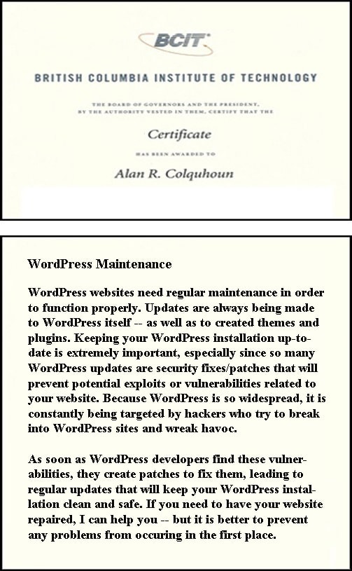 WordPress websites need regular maintenance in order
to function properly. Updates are always being made
to WordPress itself -- as well as to created themes and
plugins. Keeping your WordPress installation up-to-
date is extremely important, especially since so many
WordPress updates are security fixes/patches that will
prevent potential exploits or vulnerabilities related to
your website. Because WordPress is so widespread, it is
constantly being targeted by hackers who try to break
into WordPress sites and wreak havoc.
As soon as WordPress developers find these vulner-
abilities, they create patches to fix them, leading to
regular updates that will keep your WordPress instal-
lation clean and safe. If you need to have your website
repaired, I can help you -- but it is better to prevent
any problems from occuring in the first place.